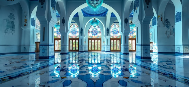 El majestuoso interior de la mezquita con intrincados vitrales y suelo de mármol reflectante