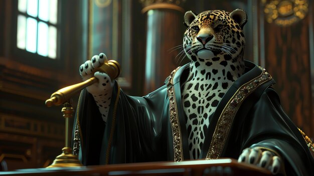 Un majestuoso jaguar antropomórfico con una opulenta túnica y un collar de oro se sienta en un trono en una gran sala