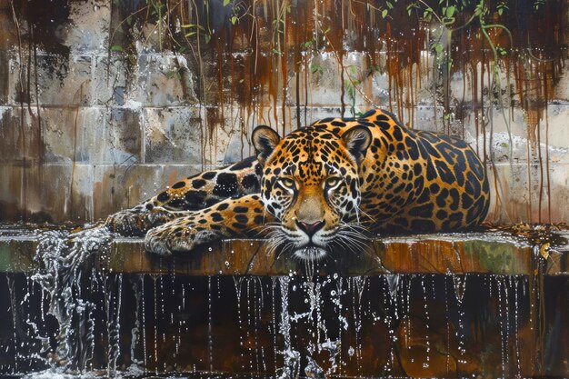 El majestuoso jaguar descansando en las escaleras de la cascada en medio del paisaje de la selva Retrato cautivador de la vida silvestre