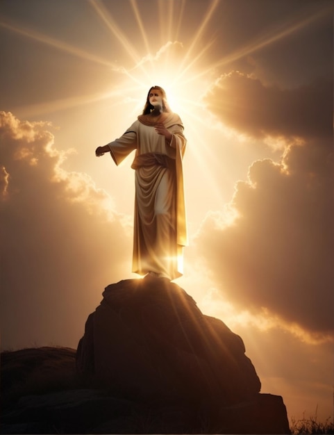 Un majestuoso Jesucristo parado en lo alto de una colina iluminada por una brillante luz dorada
