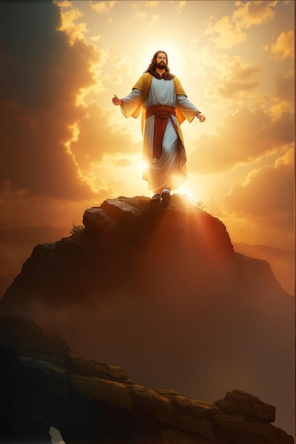 Un majestuoso Jesucristo parado en lo alto de una colina iluminada por una brillante luz dorada