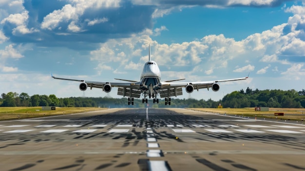 Un majestuoso jumbo jet que desciende hacia la pista su tren de aterrizaje desplegado mientras se prepara para un aterraje suave en medio de la anticipación de la llegada