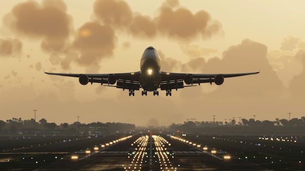 Un majestuoso jumbo jet que desciende hacia la pista su tren de aterrizaje desplegado mientras se prepara para un aterraje suave en medio de la anticipación de la llegada