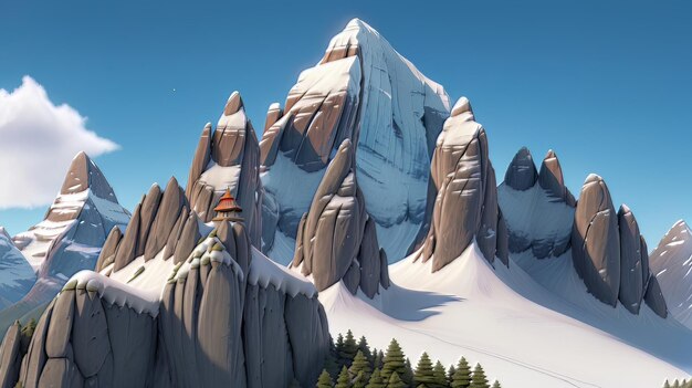 El majestuoso Kailash Parvat en primer plano El sereno pico cubierto de nieve en una escena detallada de dibujos animados en 3D