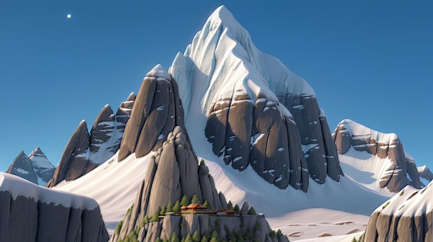 El majestuoso Kailash Parvat en primer plano El sereno pico cubierto de nieve en una escena detallada de dibujos animados en 3D