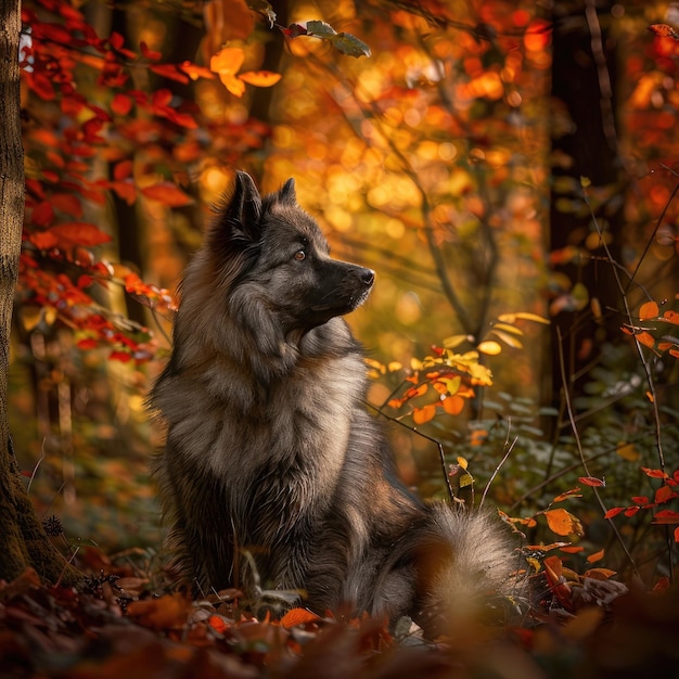 El majestuoso Keeshond sentado en el sereno bosque