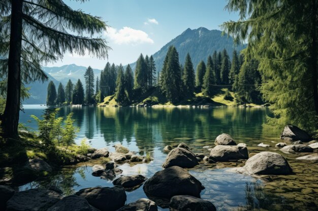 Un majestuoso lago de montaña rodeado de un exuberante follaje verde