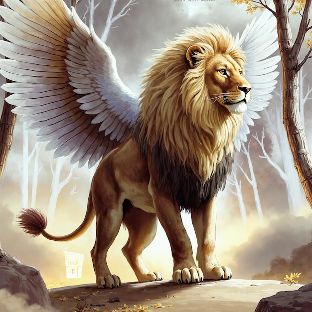 El majestuoso león alado en un bosque místico