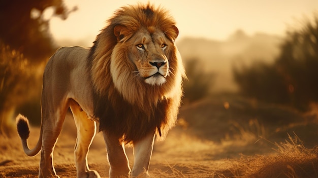 El majestuoso león en el campo al atardecer