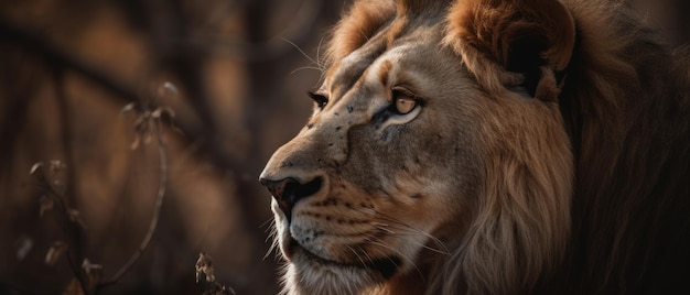 Majestuoso león capturado en su hábitat natural rodeado de hierba alta y árboles IA generativa