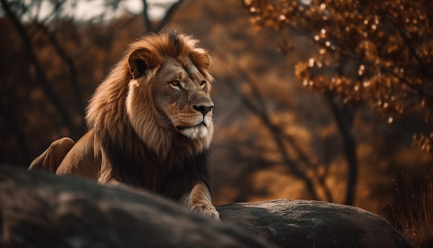 Majestuoso león descansando en la hierba de la sabana africana IA generativa