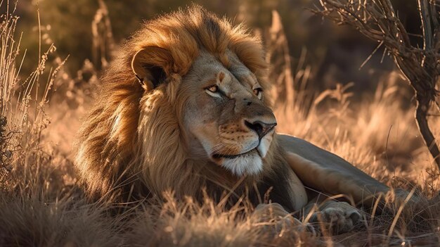 Foto el majestuoso león descansando en la puesta de sol dorada