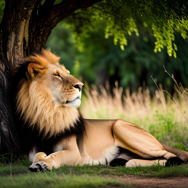 Un majestuoso león descansando bajo la sombra de un árbol en la sabana
