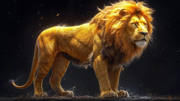Un majestuoso león dorado se alza en la oscuridad