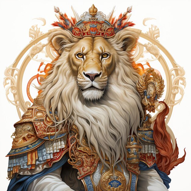 El majestuoso león está adornado con el atuendo de un emperador de guerra clásico