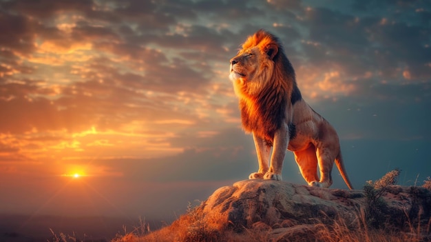 majestuoso león futuro rey de pie en el orgullo roca amanecer horizonte épico vibrante paisaje de sabana cinematográfica hora de oro iluminación IA generativa