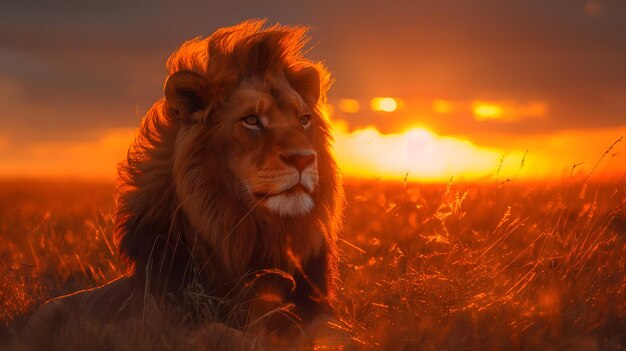 Foto el majestuoso león en la luz de la hora dorada en la sabana africana