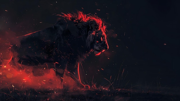 Foto un majestuoso león negro con ojos rojos brillantes camina a través de un paisaje rojo fuego el león está en el centro de la imagen y está rodeado de llamas