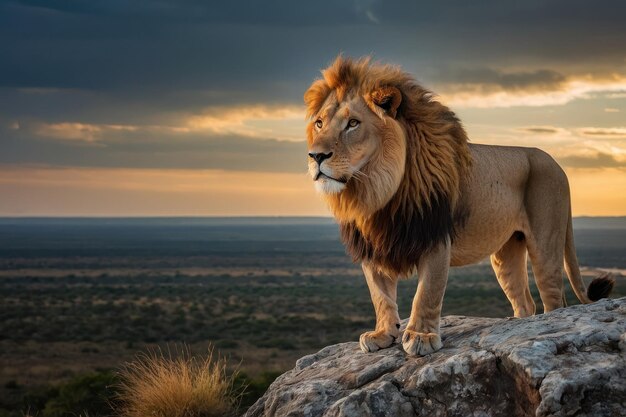 Un majestuoso león de pie en un acantilado rocoso con vistas a la sabana