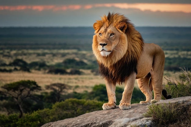 Un majestuoso león de pie en un acantilado rocoso con vistas a la sabana