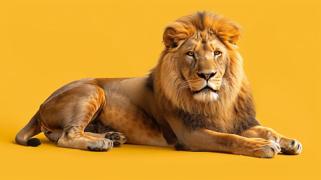 Un majestuoso león en plena gloria con una melena dorada y una mirada penetrante está acostado pero sigue siendo imponente y poderoso