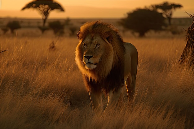 El majestuoso león reina sobre la sabana dorada generativa IA