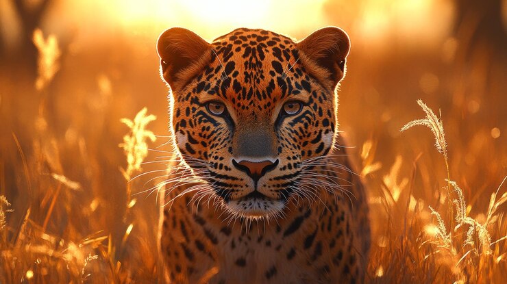 El majestuoso leopardo al atardecer en la hierba alta mirando intensamente a la cámara