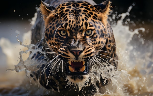 Majestuoso leopardo corriendo hacia la cámara salpicando