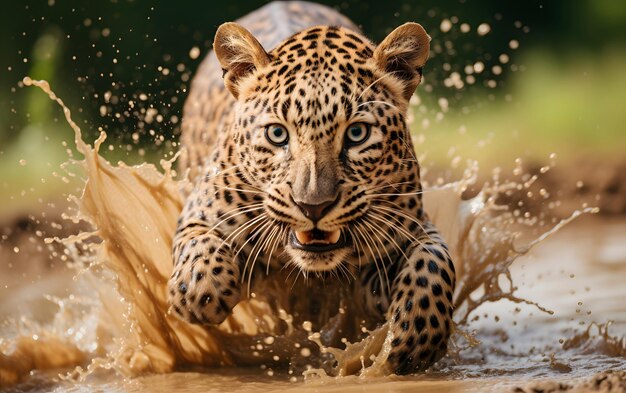 Majestuoso leopardo corriendo hacia la cámara salpicando