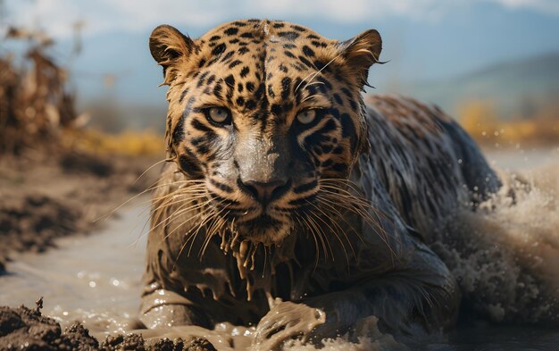 Majestuoso leopardo corriendo hacia la cámara salpicando