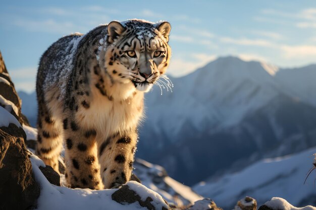 Foto majestuoso leopardo de las nieves en la cima de una montaña