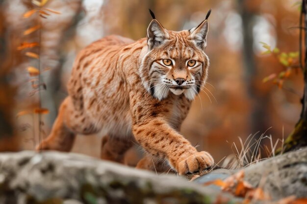 El majestuoso lince eurasiático camina por un bosque de otoño con un follaje vívido