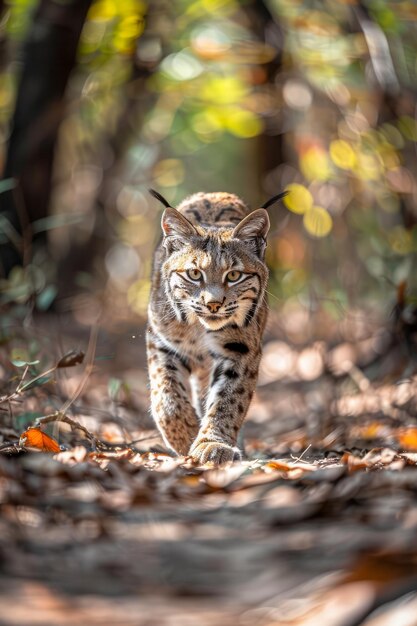 Foto el majestuoso lince salvaje caminando hacia la cámara en el paisaje del bosque de otoño con cálidos colores dorados