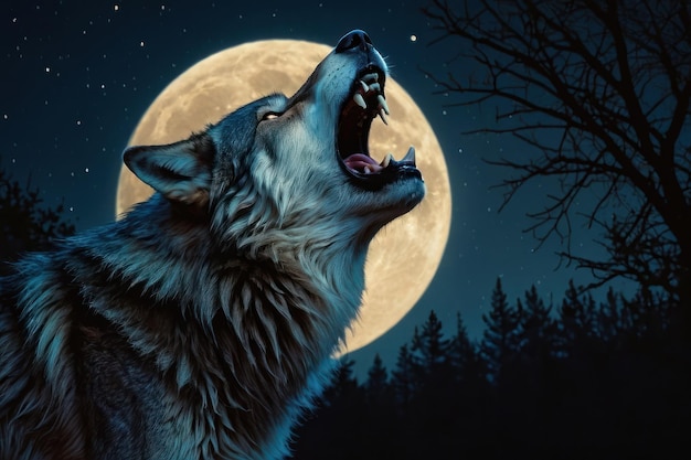 Foto el majestuoso lobo aullando en la luna llena