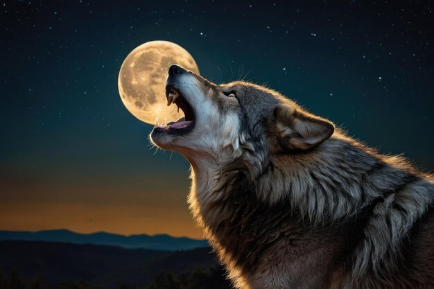 Foto el majestuoso lobo aullando en la luna llena