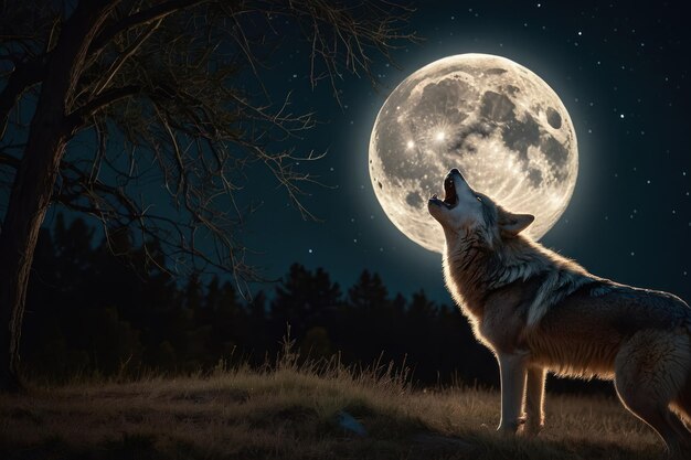 Foto el majestuoso lobo aullando en la luna llena