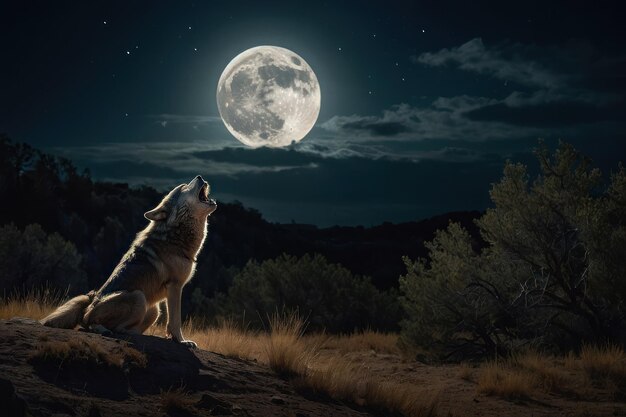 El majestuoso lobo aullando en la luna llena