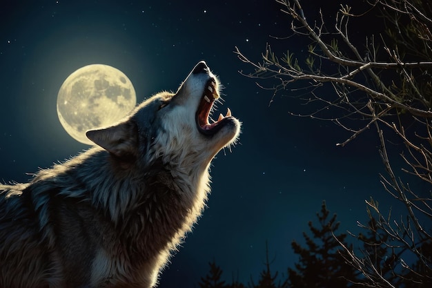 Foto el majestuoso lobo aullando en la luna llena