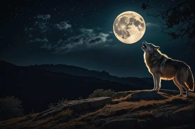 El majestuoso lobo aullando en la luna llena