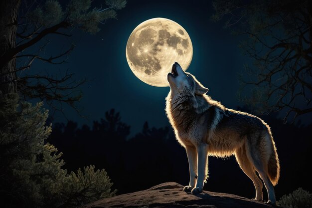 El majestuoso lobo aullando en la luna llena