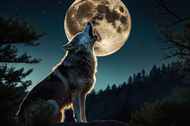 El majestuoso lobo aullando en la luna llena