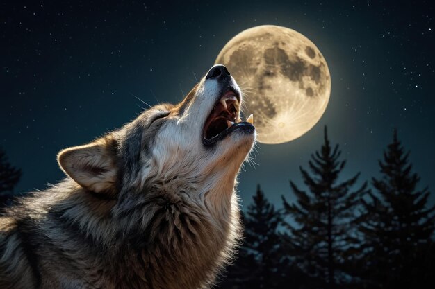 El majestuoso lobo aullando en la luna llena