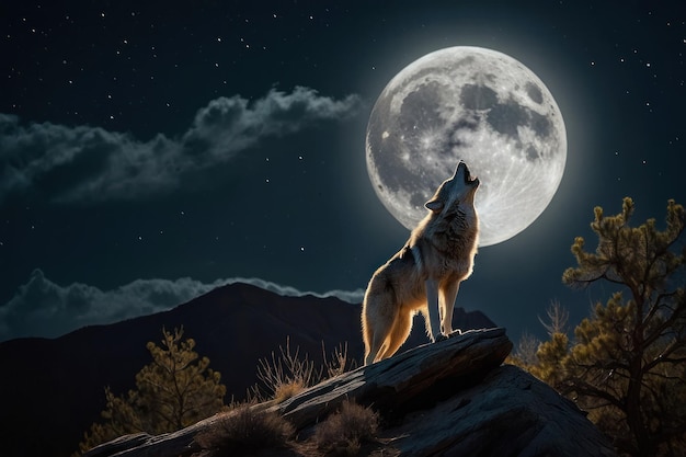 El majestuoso lobo aullando en la luna llena