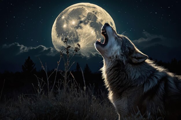 El majestuoso lobo aullando en la luna llena