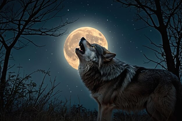 Foto el majestuoso lobo aullando en la luna llena