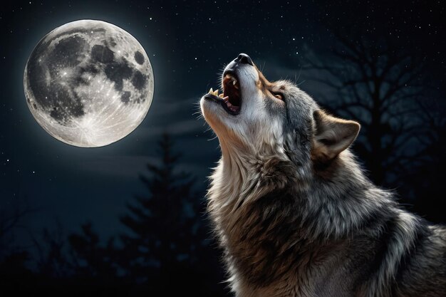 Foto el majestuoso lobo aullando en la luna llena