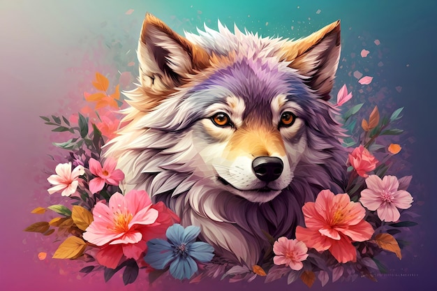 Un majestuoso lobo rodeado de una vibrante belleza floral