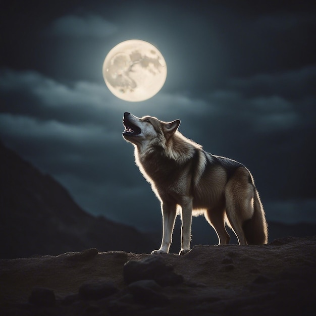 El majestuoso lobo siluetado en la colina con la luna iluminada Conceptos de naturaleza y vida silvestre