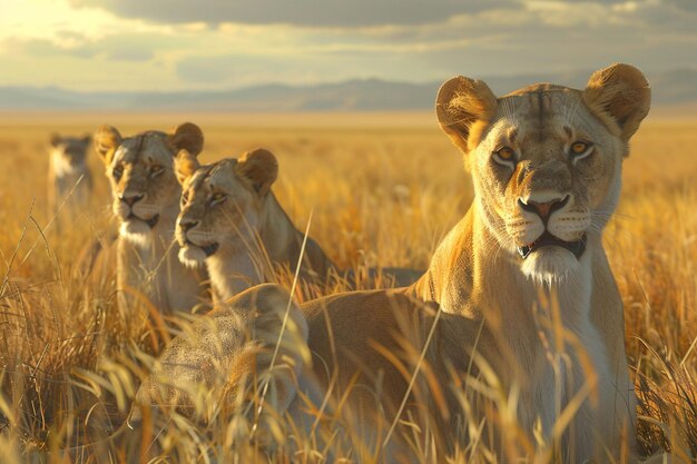 Un majestuoso orgullo de leones en las llanuras africanas