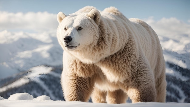 Un majestuoso oso blanco parado en la cima de una montaña cubierta de nieve con su pelaje brillando al sol